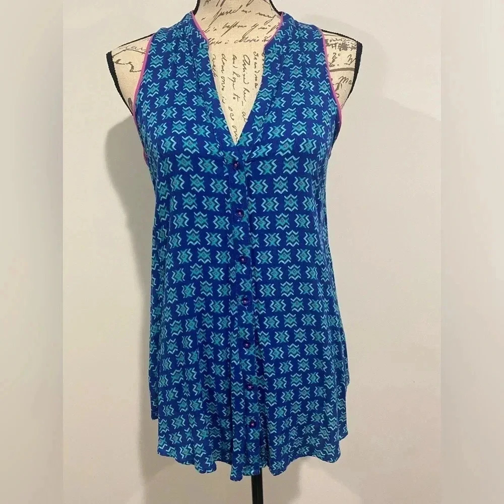 Maeve Anthropologie Blue Pink Trim Aztec Print Sleeveless Ada Blouse Top Size 4